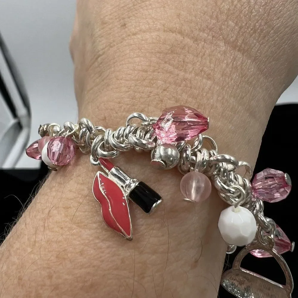 Silvertone Pink Purse, Heels, Lipstick Charm Bracelet